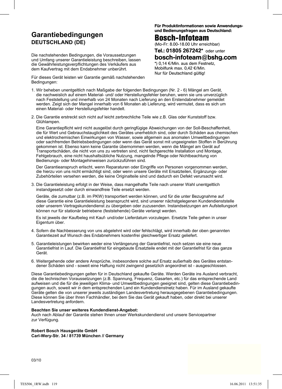 Bosch-infoteam, Garantiebedingungen | Bosch TES50621RW VeroCafe LattePro Machine à café Expresso automatique Titanium User Manual | Page 123 / 124