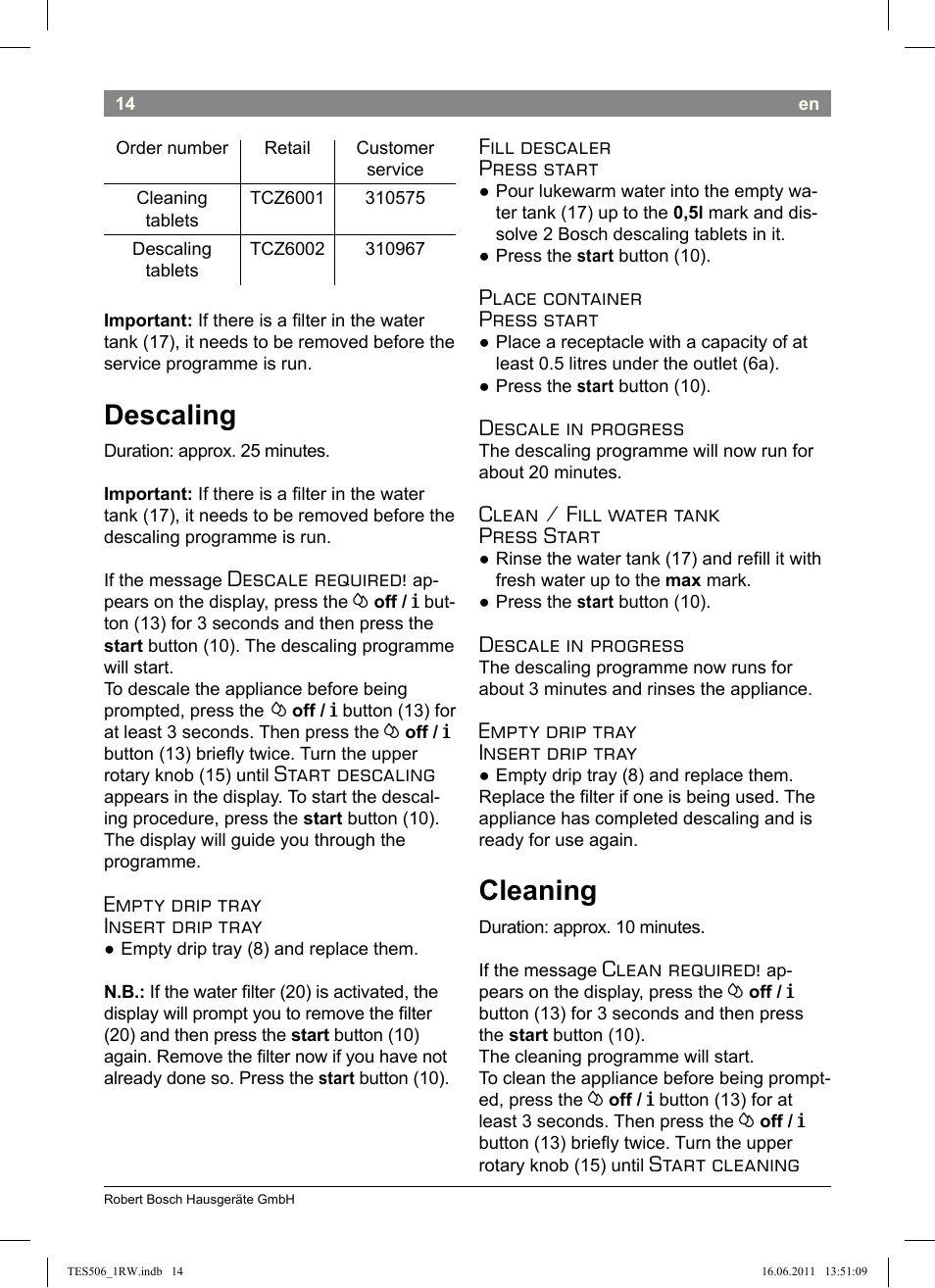 Descaling, Cleaning | Bosch TES50621RW VeroCafe LattePro Machine à café Expresso automatique Titanium User Manual | Page 18 / 124