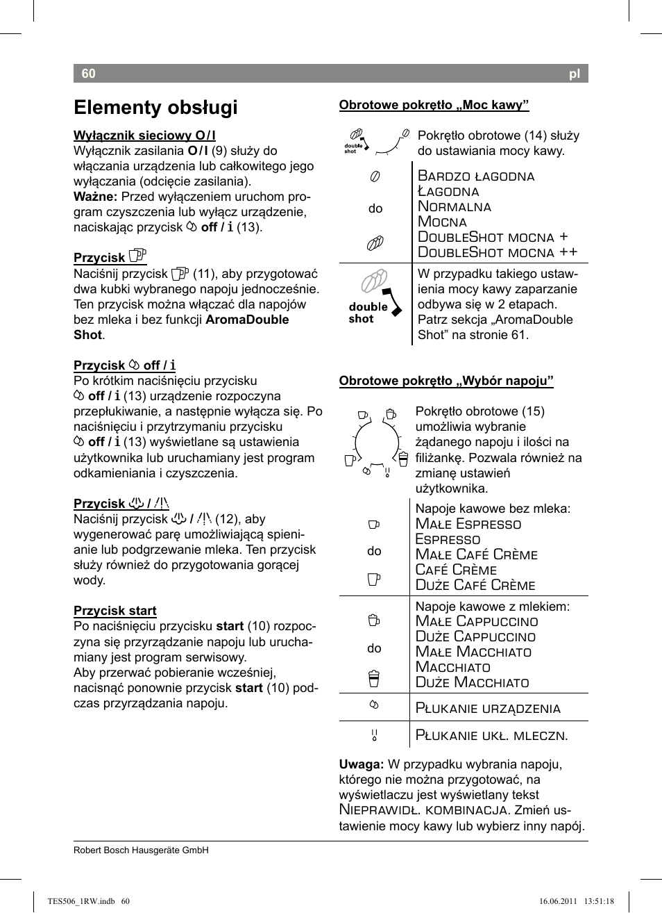 Elementy obsługi | Bosch TES50621RW VeroCafe LattePro Machine à café Expresso automatique Titanium User Manual | Page 64 / 124
