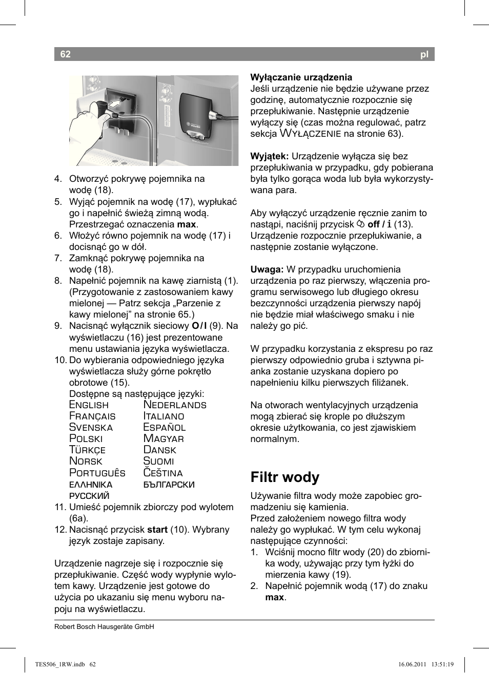 Filtr wody, Wyłączenie | Bosch TES50621RW VeroCafe LattePro Machine à café Expresso automatique Titanium User Manual | Page 66 / 124