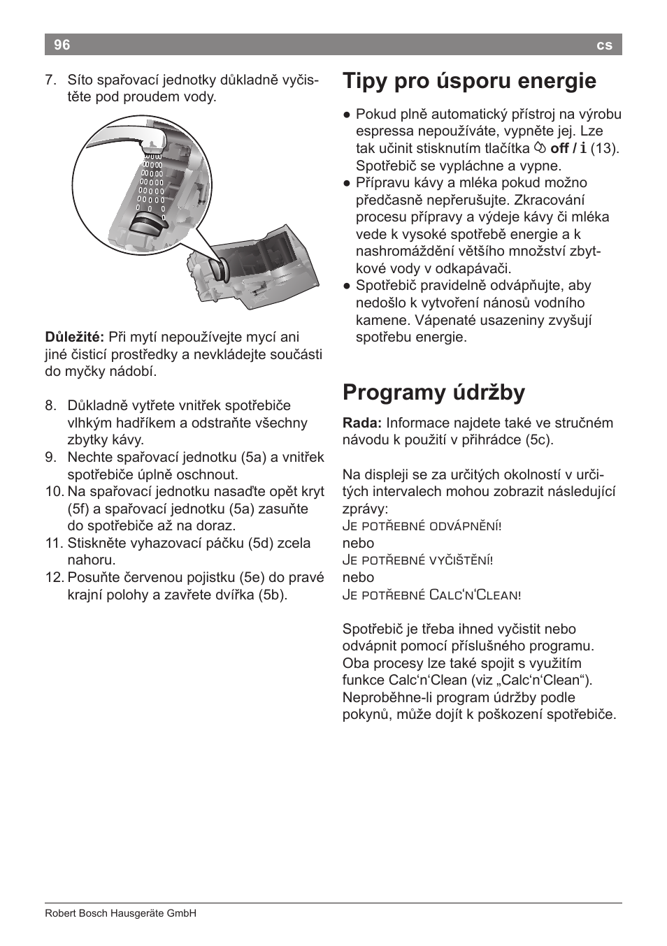 Tipy pro úsporu energie, Programy údržby | Bosch TES50621RW VeroCafe LattePro Machine à café Expresso automatique Titanium User Manual | Page 100 / 134