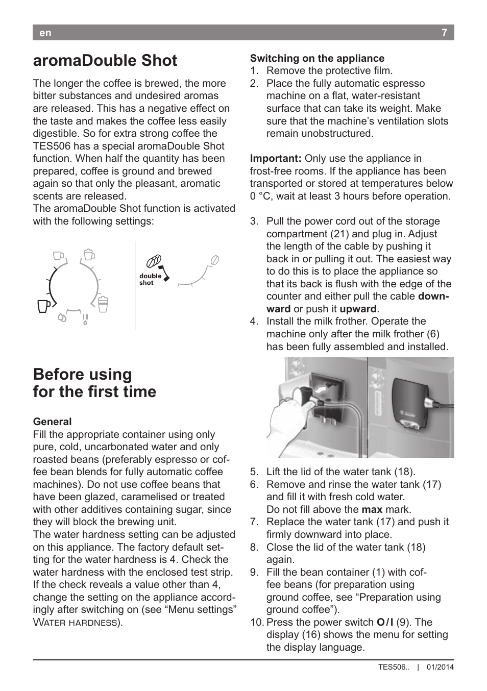 Aromadouble shot, Before using for the first time | Bosch TES50621RW VeroCafe LattePro Machine à café Expresso automatique Titanium User Manual | Page 11 / 134