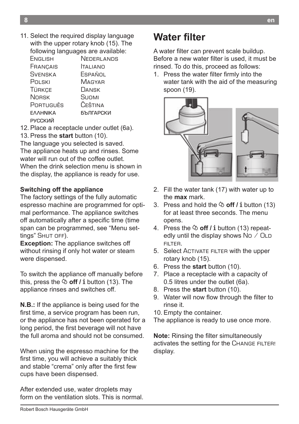Water filter | Bosch TES50621RW VeroCafe LattePro Machine à café Expresso automatique Titanium User Manual | Page 12 / 134