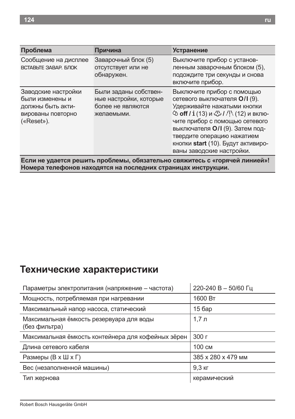 Технические характеристики | Bosch TES50621RW VeroCafe LattePro Machine à café Expresso automatique Titanium User Manual | Page 128 / 134