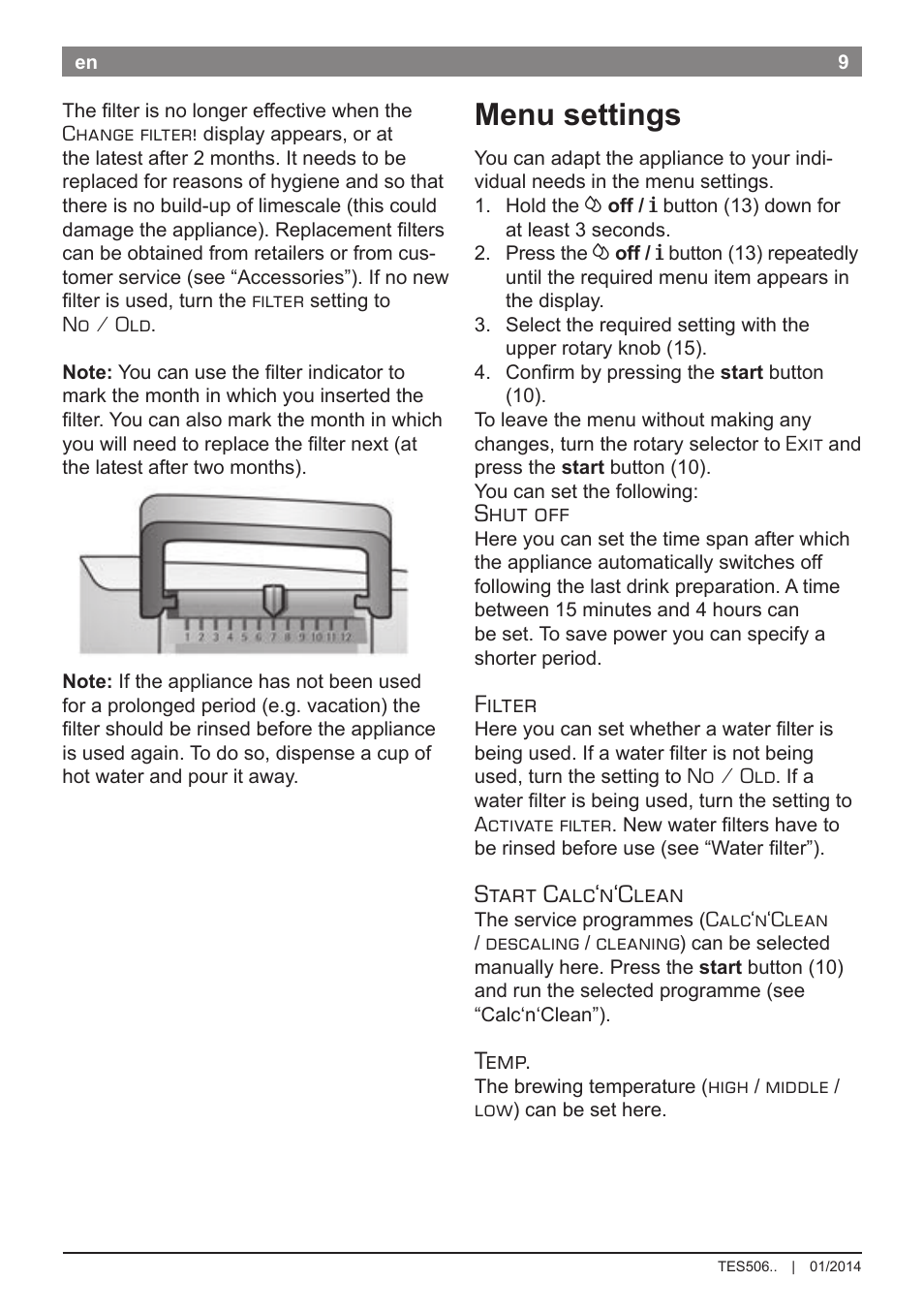 Menu settings, Shut off, Filter | Start calc‘n‘clean, Temp | Bosch TES50621RW VeroCafe LattePro Machine à café Expresso automatique Titanium User Manual | Page 13 / 134