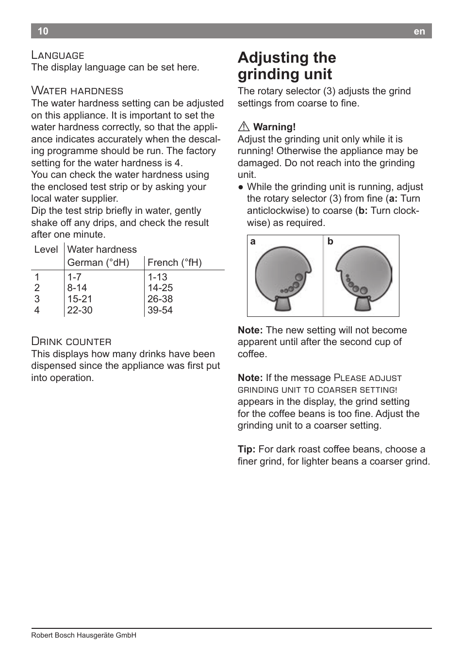 Adjusting the grinding unit, Language, Water hardness | Drink counter | Bosch TES50621RW VeroCafe LattePro Machine à café Expresso automatique Titanium User Manual | Page 14 / 134