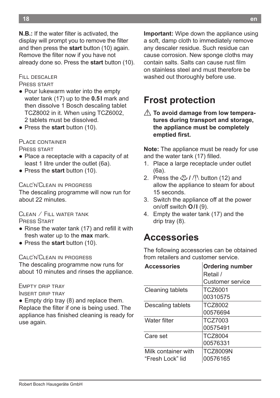 Frost protection, Accessories | Bosch TES50621RW VeroCafe LattePro Machine à café Expresso automatique Titanium User Manual | Page 22 / 134