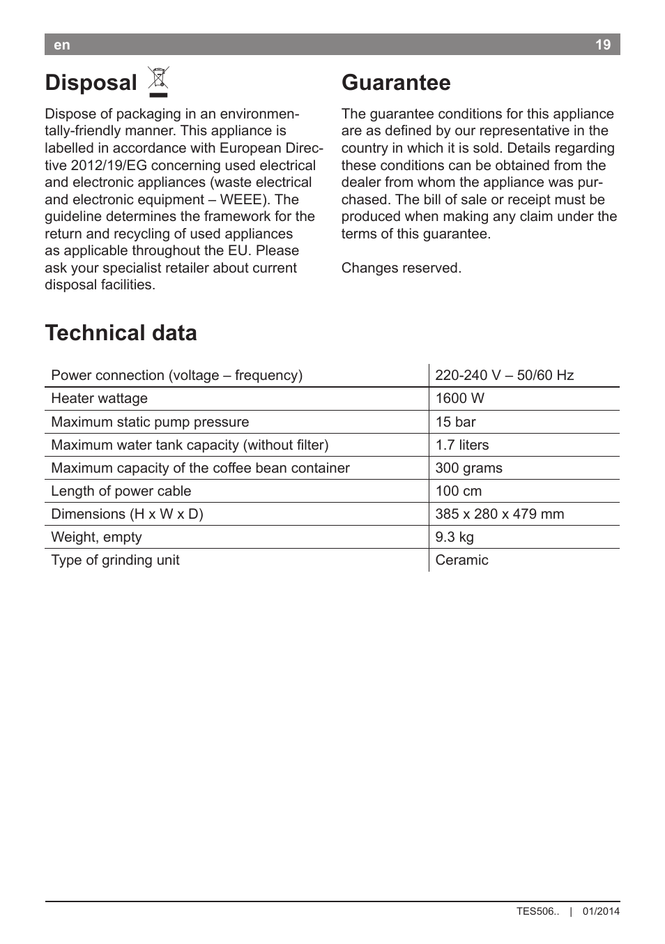 Disposal, Guarantee, Technical data | Bosch TES50621RW VeroCafe LattePro Machine à café Expresso automatique Titanium User Manual | Page 23 / 134