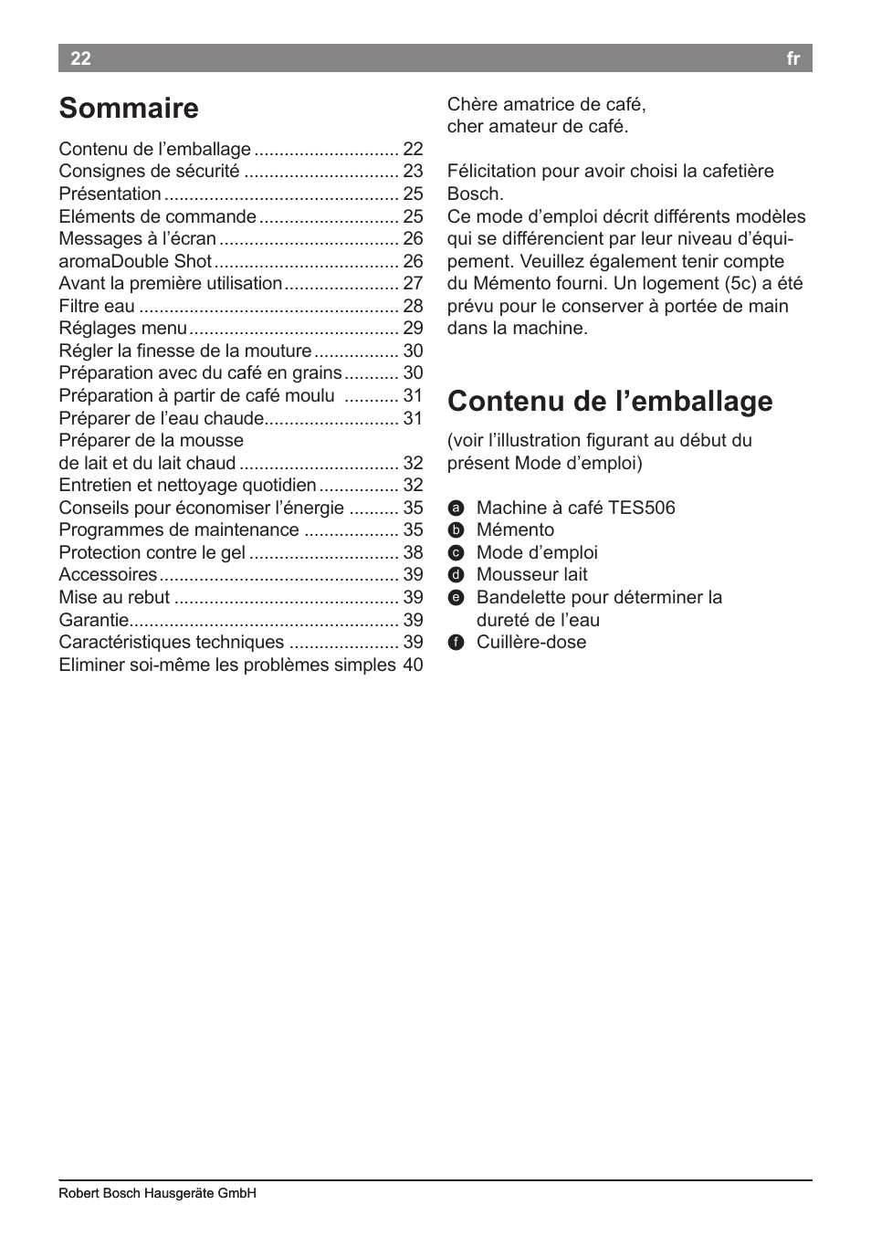 Contenu de l’emballage, Sommaire | Bosch TES50621RW VeroCafe LattePro Machine à café Expresso automatique Titanium User Manual | Page 26 / 134