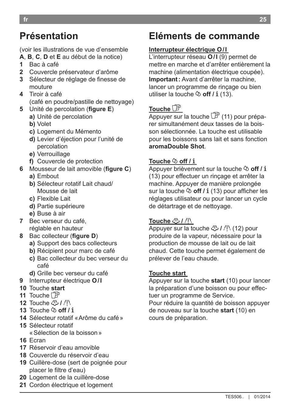 Eléments de commande, Présentation | Bosch TES50621RW VeroCafe LattePro Machine à café Expresso automatique Titanium User Manual | Page 29 / 134