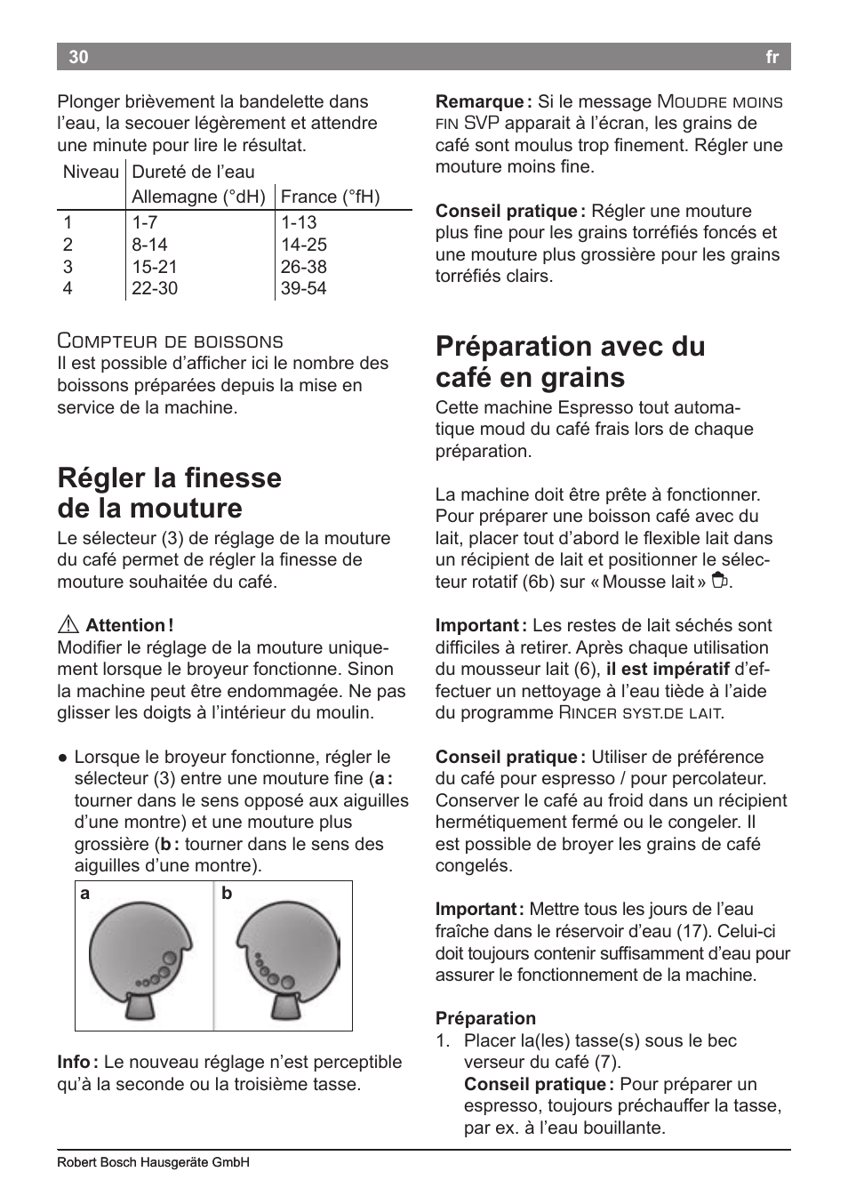 Régler la finesse de la mouture, Préparation avec du café en grains, Compteur de boissons | Bosch TES50621RW VeroCafe LattePro Machine à café Expresso automatique Titanium User Manual | Page 34 / 134