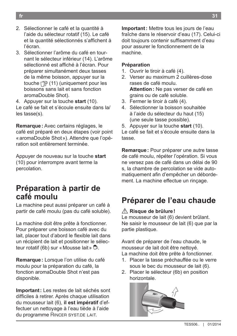 Préparation à partir de café moulu, Préparer de l’eau chaude | Bosch TES50621RW VeroCafe LattePro Machine à café Expresso automatique Titanium User Manual | Page 35 / 134