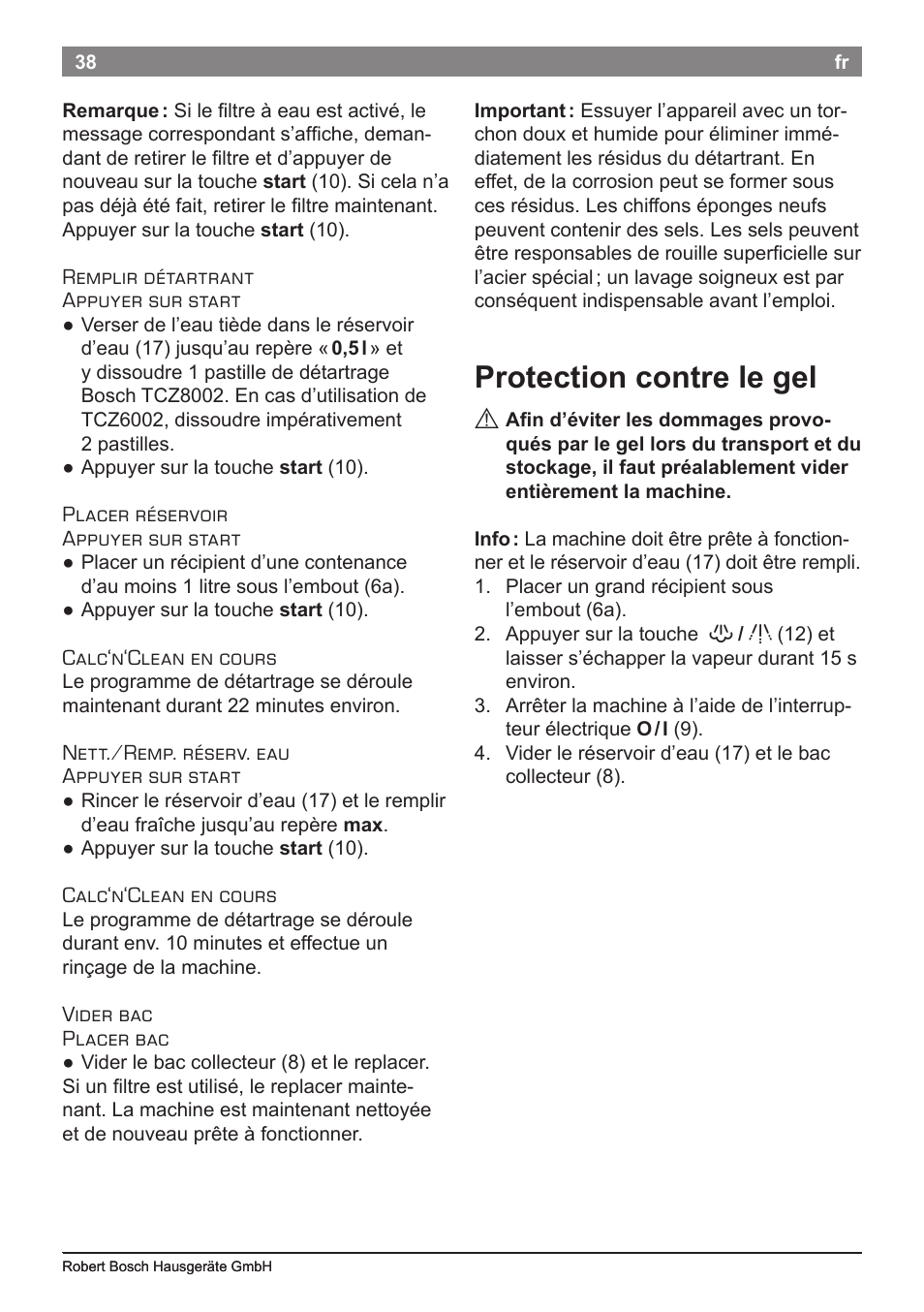 Protection contre le gel | Bosch TES50621RW VeroCafe LattePro Machine à café Expresso automatique Titanium User Manual | Page 42 / 134
