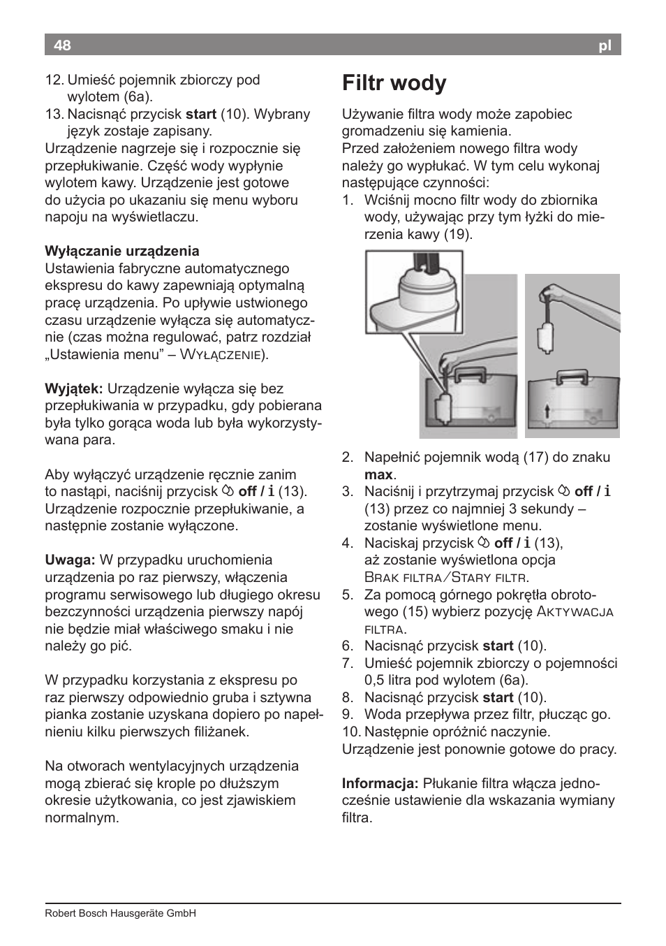 Filtr wody | Bosch TES50621RW VeroCafe LattePro Machine à café Expresso automatique Titanium User Manual | Page 52 / 134