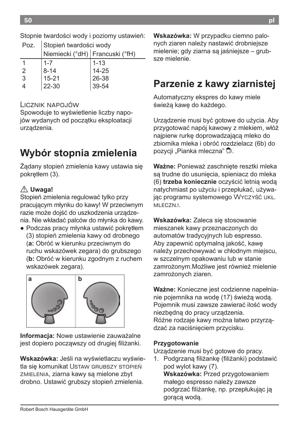 Wybór stopnia zmielenia, Parzenie z kawy ziarnistej, Licznik napojów | Bosch TES50621RW VeroCafe LattePro Machine à café Expresso automatique Titanium User Manual | Page 54 / 134