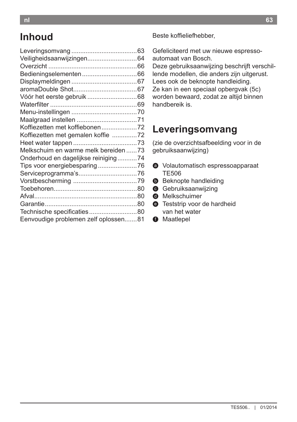 Leveringsomvang, Inhoud | Bosch TES50621RW VeroCafe LattePro Machine à café Expresso automatique Titanium User Manual | Page 67 / 134