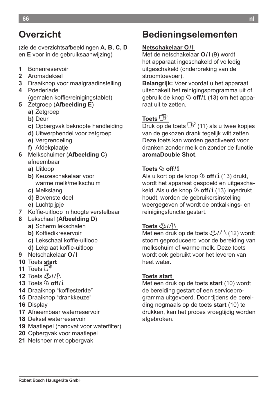 Bedieningselementen, Overzicht | Bosch TES50621RW VeroCafe LattePro Machine à café Expresso automatique Titanium User Manual | Page 70 / 134