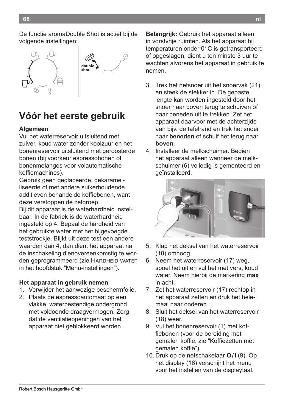 Vóór het eerste gebruik | Bosch TES50621RW VeroCafe LattePro Machine à café Expresso automatique Titanium User Manual | Page 72 / 134
