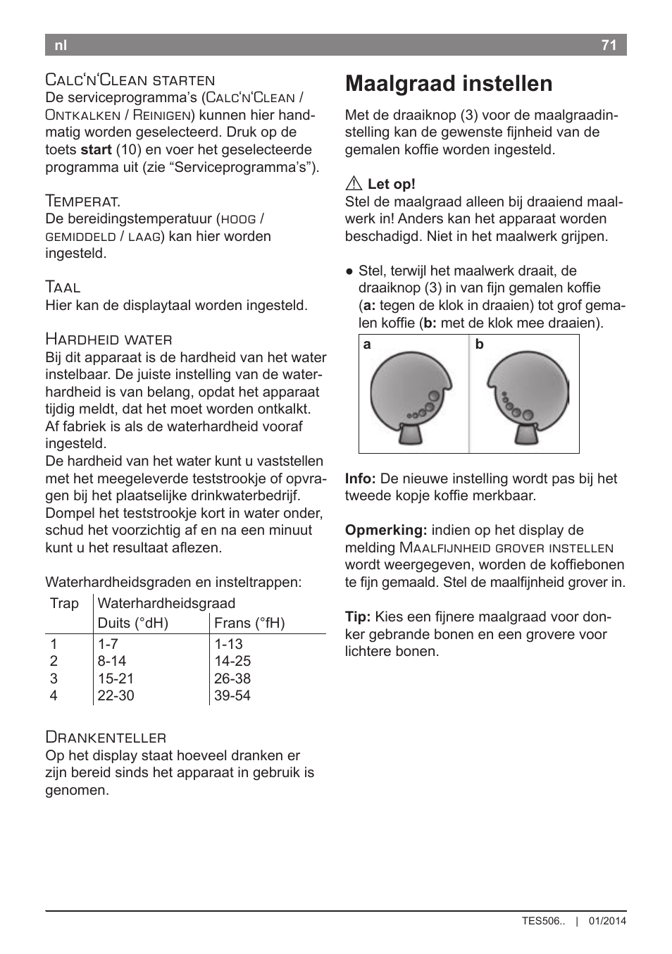 Maalgraad instellen, Calc‘n‘clean starten, Temperat | Taal, Hardheid water, Drankenteller | Bosch TES50621RW VeroCafe LattePro Machine à café Expresso automatique Titanium User Manual | Page 75 / 134