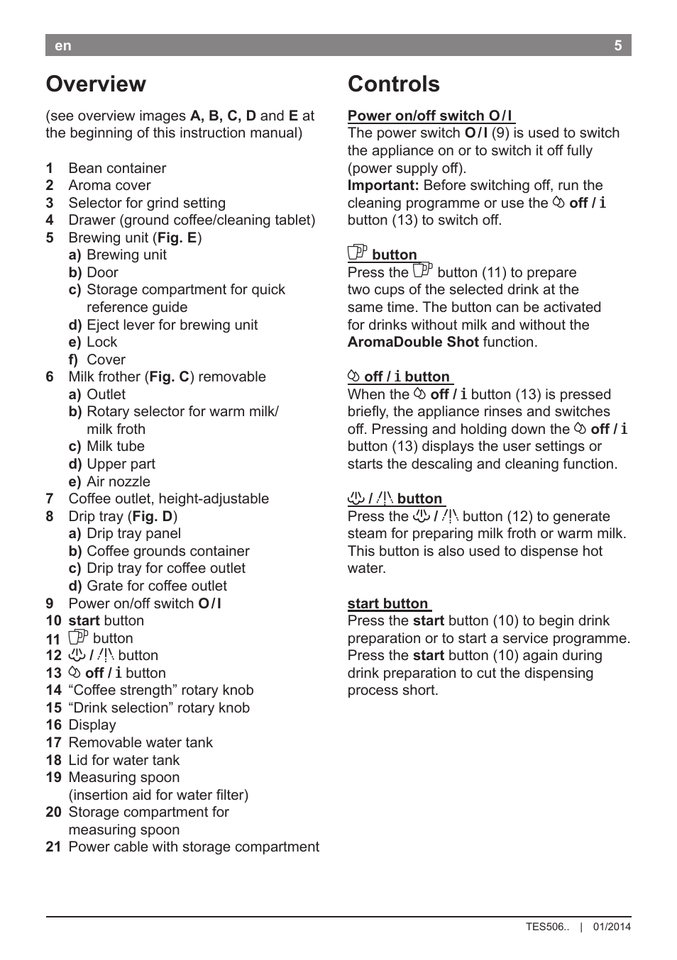 Controls, Overview | Bosch TES50621RW VeroCafe LattePro Machine à café Expresso automatique Titanium User Manual | Page 9 / 134