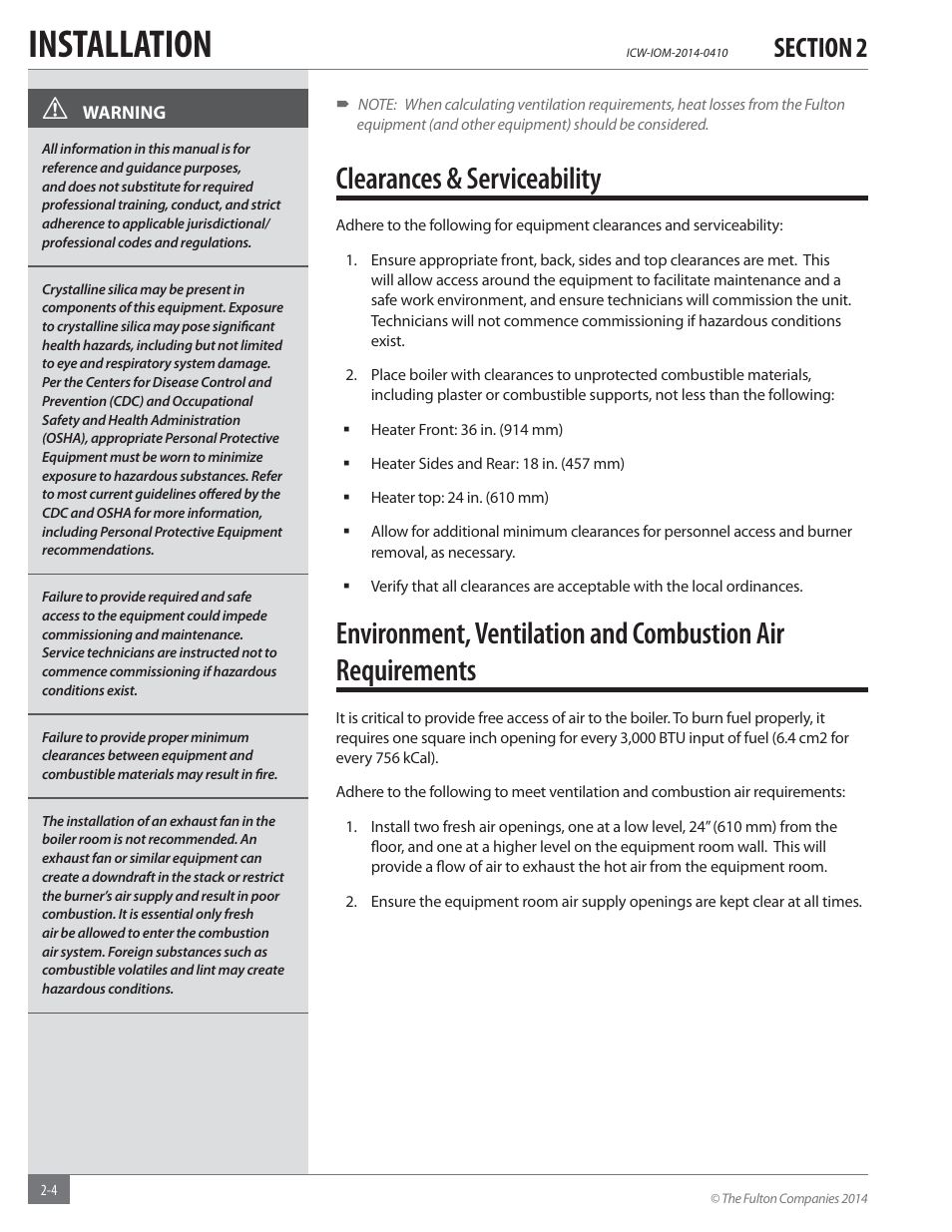 Installation, Clearances & serviceability | Fulton Classic ICX or FB-F Vertical Tubeless Boilers (Hot Water), Gas_Oil Fired User Manual | Page 10 / 52