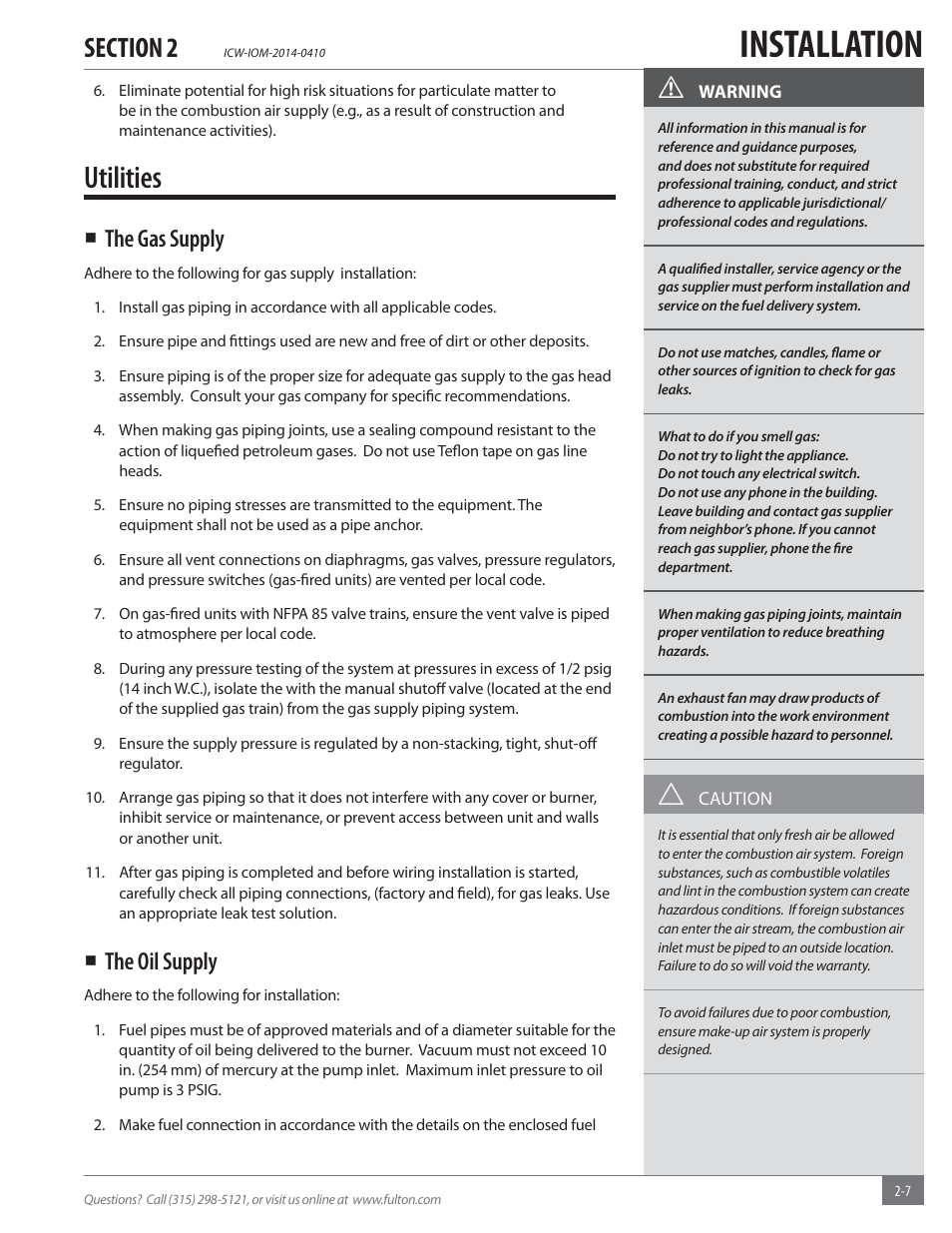 Installation, Utilities, The gas supply | The oil supply | Fulton Classic ICX or FB-F Vertical Tubeless Boilers (Hot Water), Gas_Oil Fired User Manual | Page 13 / 52