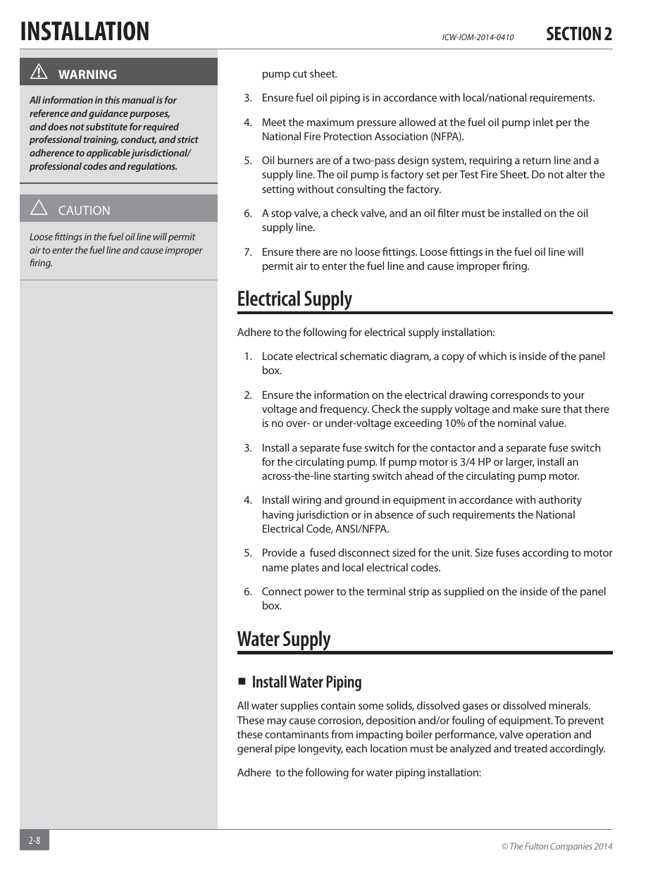 Installation, Electrical supply, Water supply | Install water piping | Fulton Classic ICX or FB-F Vertical Tubeless Boilers (Hot Water), Gas_Oil Fired User Manual | Page 14 / 52