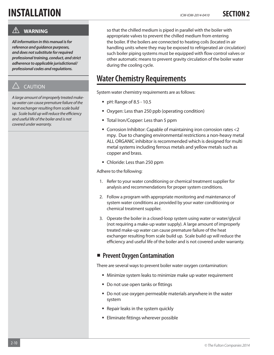 Installation, Water chemistry requirements, Prevent oxygen contamination | Fulton Classic ICX or FB-F Vertical Tubeless Boilers (Hot Water), Gas_Oil Fired User Manual | Page 16 / 52