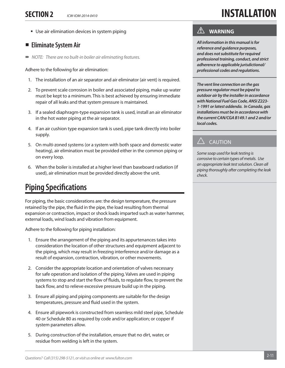 Installation, Piping speciﬁ cations, Eliminate system air | Fulton Classic ICX or FB-F Vertical Tubeless Boilers (Hot Water), Gas_Oil Fired User Manual | Page 17 / 52