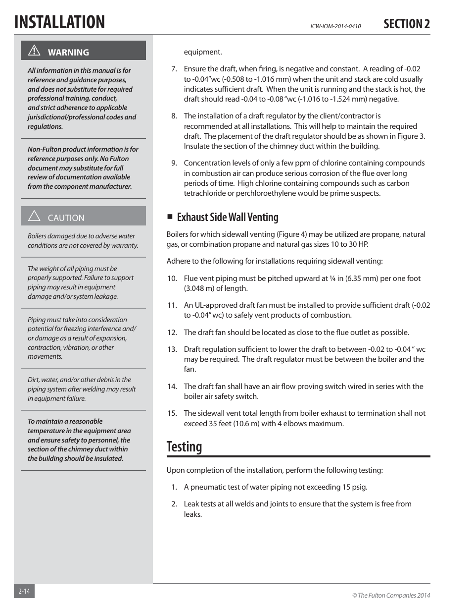 Installation, Testing, Exhaust side wall venting | Fulton Classic ICX or FB-F Vertical Tubeless Boilers (Hot Water), Gas_Oil Fired User Manual | Page 20 / 52