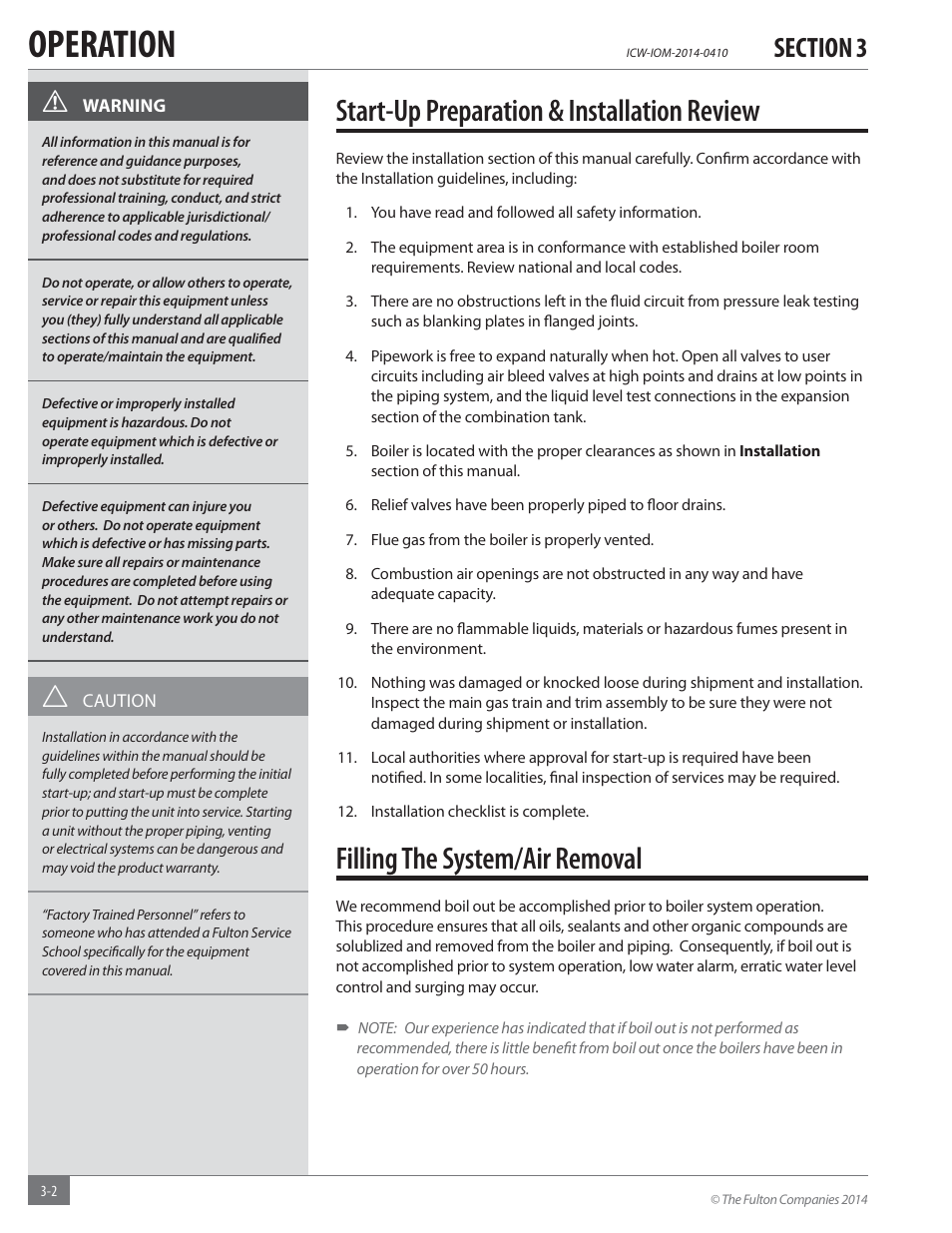 Operation, Start-up preparation & installation review, Filling the system/air removal | Fulton Classic ICX or FB-F Vertical Tubeless Boilers (Hot Water), Gas_Oil Fired User Manual | Page 24 / 52