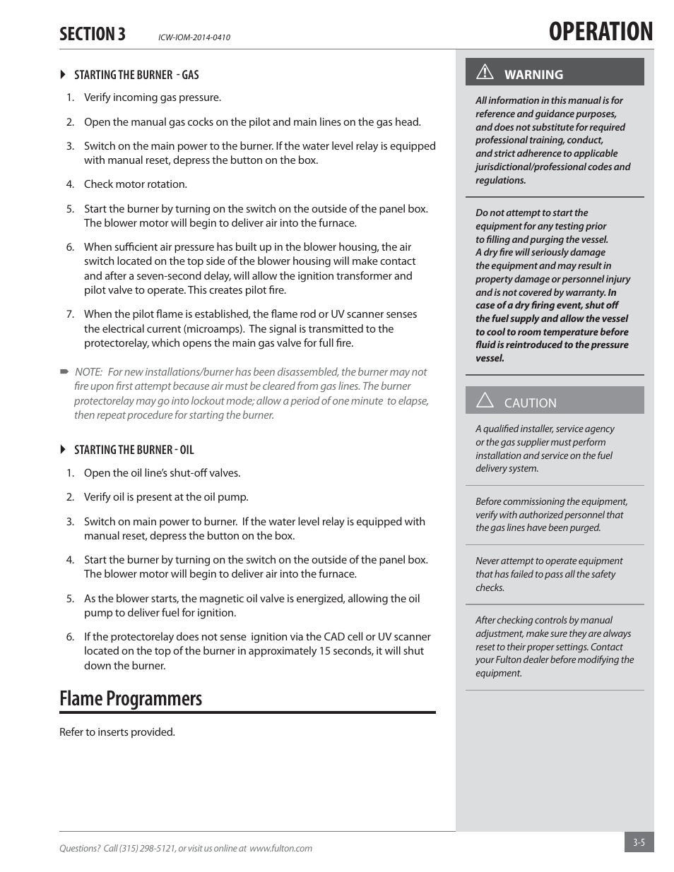 Operation, Flame programmers | Fulton Classic ICX or FB-F Vertical Tubeless Boilers (Hot Water), Gas_Oil Fired User Manual | Page 27 / 52