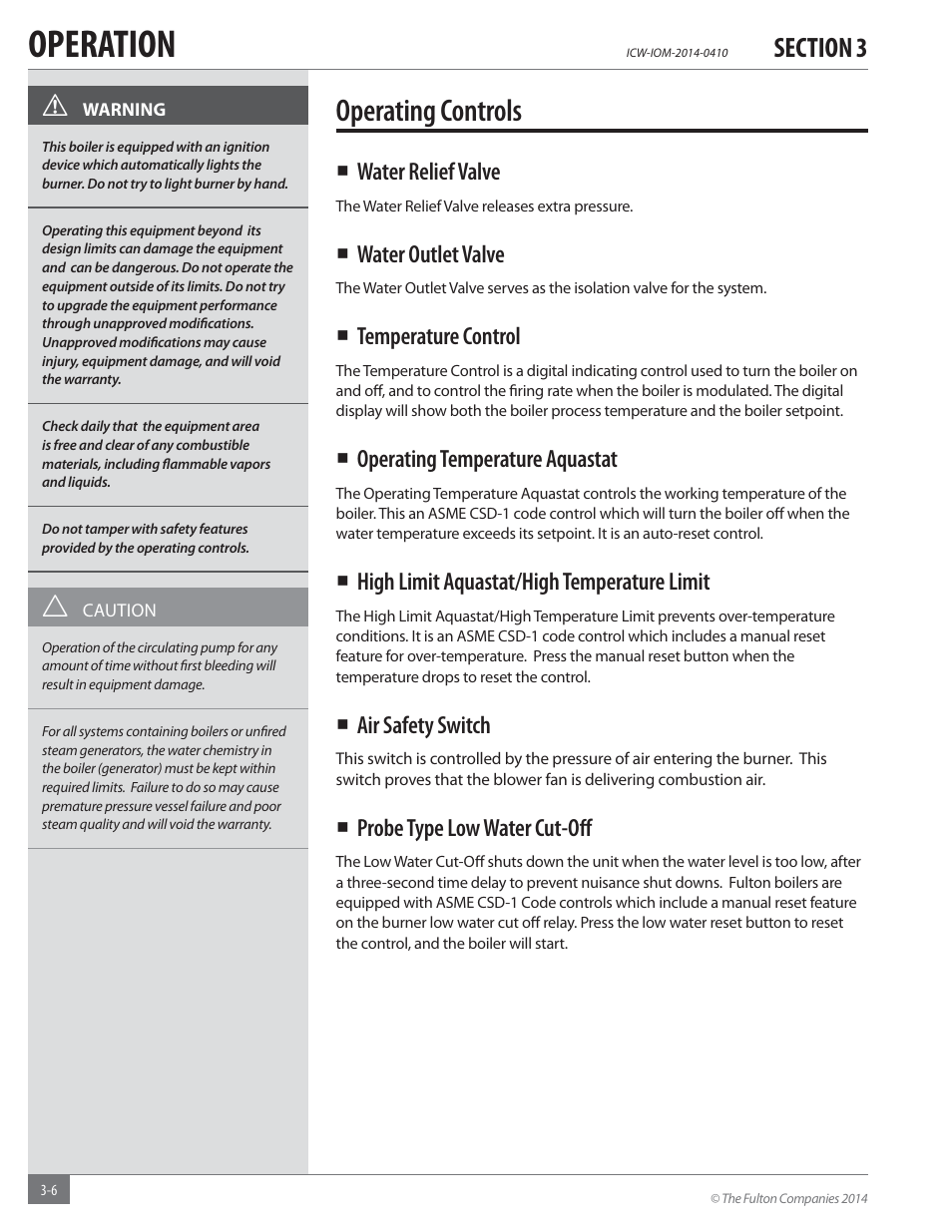 Operation, Operating controls | Fulton Classic ICX or FB-F Vertical Tubeless Boilers (Hot Water), Gas_Oil Fired User Manual | Page 28 / 52