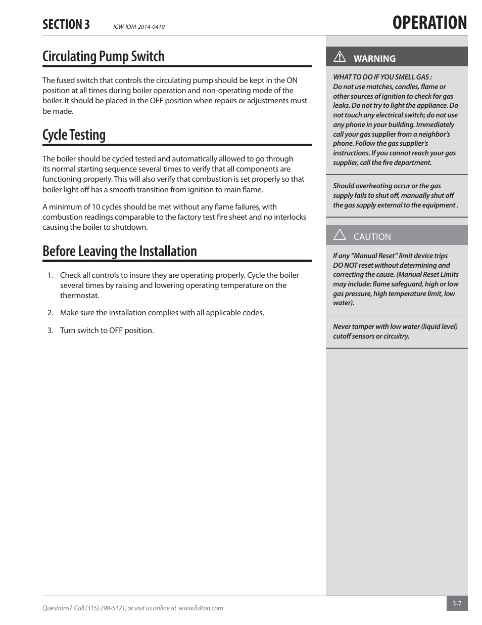 Operation, Circulating pump switch, Cycle testing | Before leaving the installation | Fulton Classic ICX or FB-F Vertical Tubeless Boilers (Hot Water), Gas_Oil Fired User Manual | Page 29 / 52