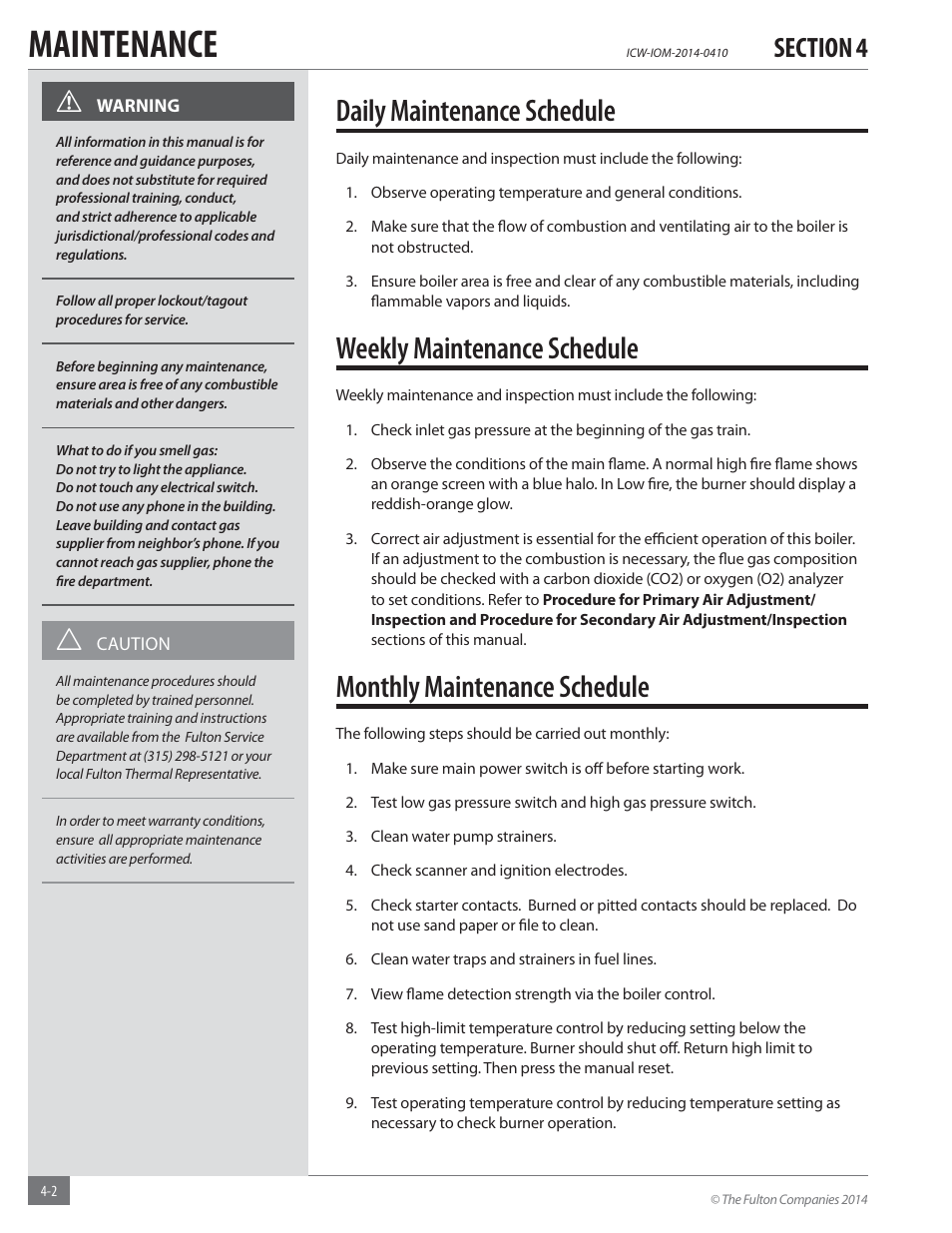 Maintenance, Daily maintenance schedule, Weekly maintenance schedule | Monthly maintenance schedule | Fulton Classic ICX or FB-F Vertical Tubeless Boilers (Hot Water), Gas_Oil Fired User Manual | Page 32 / 52