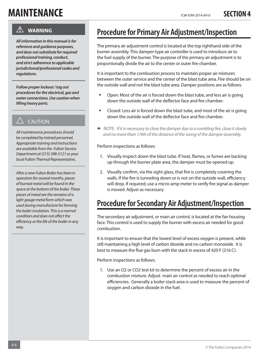 Maintenance, Procedure for primary air adjustment/inspection, Procedure for secondary air adjustment/inspection | Fulton Classic ICX or FB-F Vertical Tubeless Boilers (Hot Water), Gas_Oil Fired User Manual | Page 36 / 52