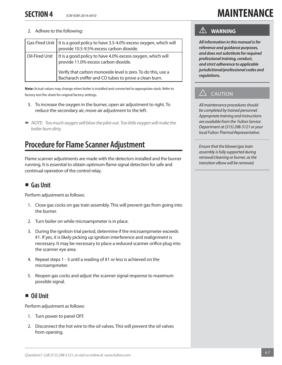 Maintenance, Procedure for flame scanner adjustment, Gas unit | Oil unit | Fulton Classic ICX or FB-F Vertical Tubeless Boilers (Hot Water), Gas_Oil Fired User Manual | Page 37 / 52