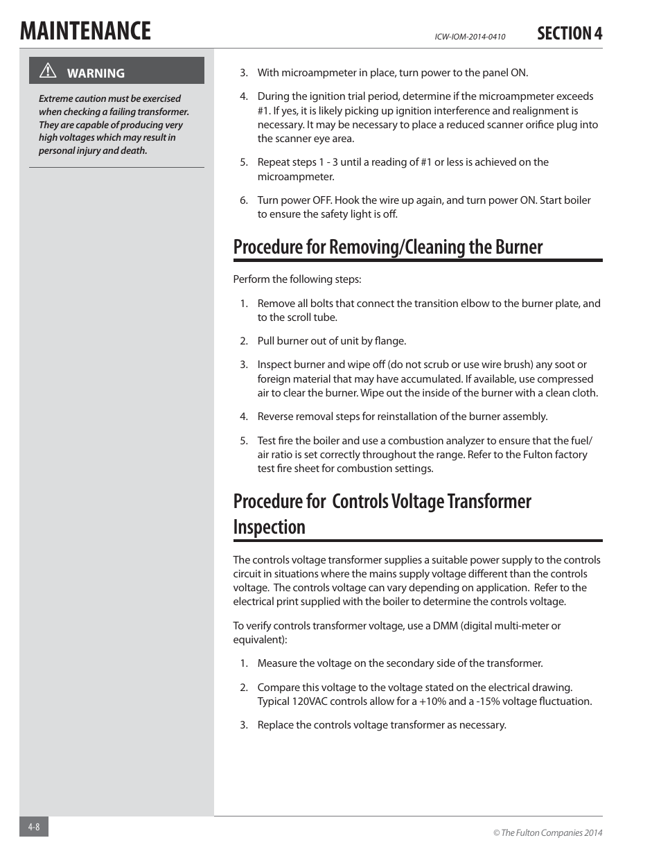 Maintenance, Procedure for removing/cleaning the burner | Fulton Classic ICX or FB-F Vertical Tubeless Boilers (Hot Water), Gas_Oil Fired User Manual | Page 38 / 52