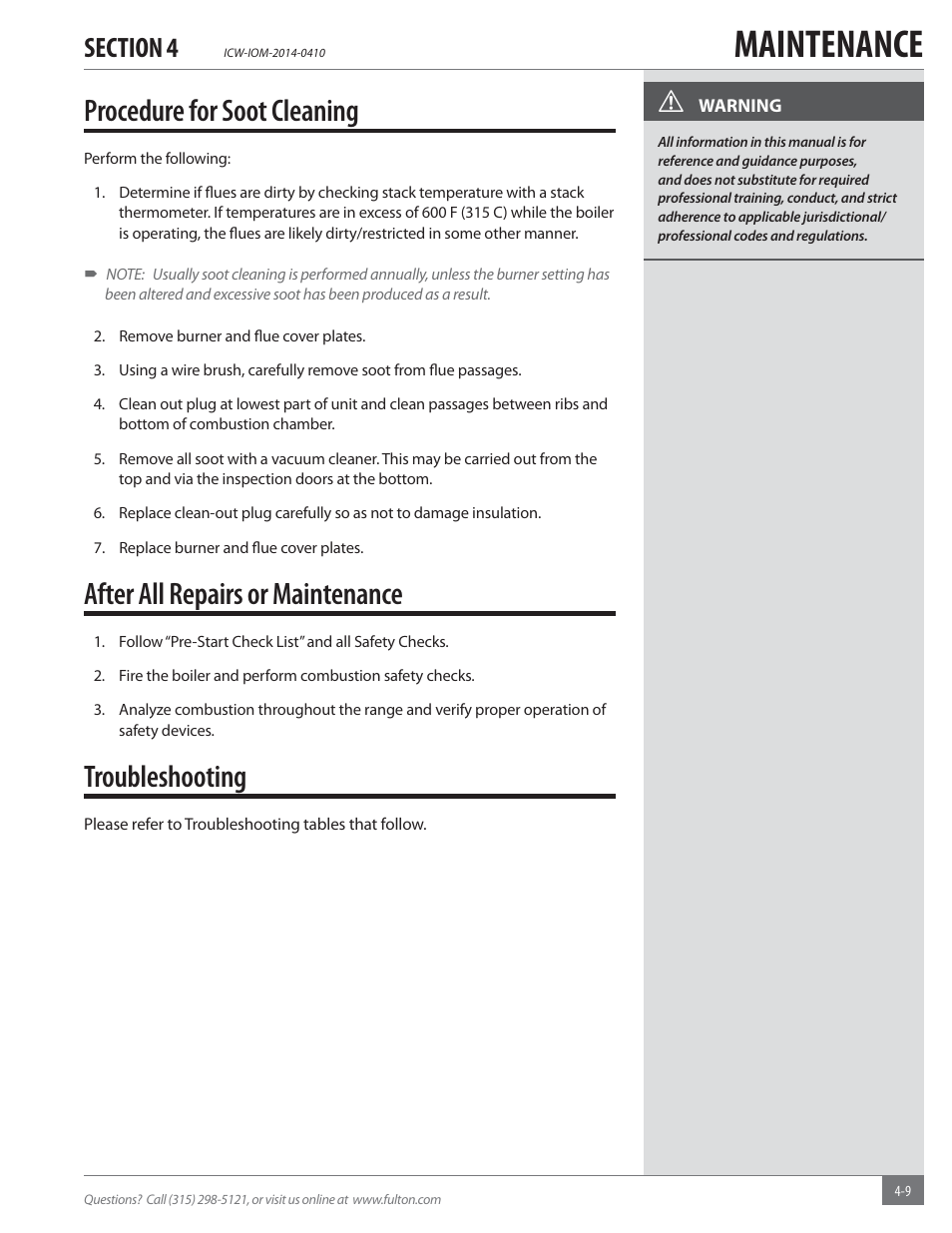 Maintenance, Procedure for soot cleaning, After all repairs or maintenance | Troubleshooting | Fulton Classic ICX or FB-F Vertical Tubeless Boilers (Hot Water), Gas_Oil Fired User Manual | Page 39 / 52