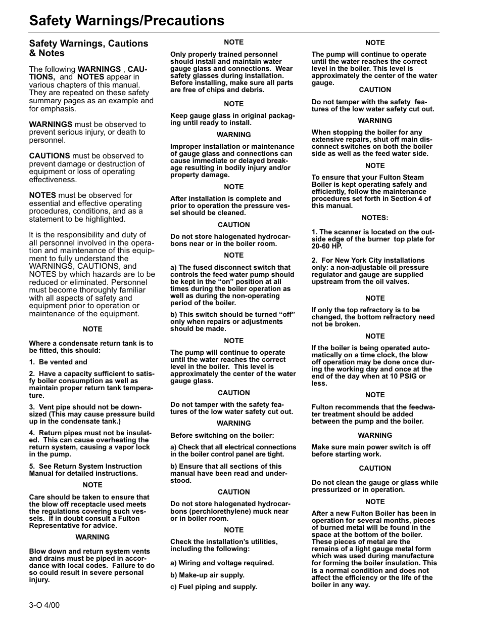 Safety warnings/precautions | Fulton Classic ICX or FB-F Vertical Tubeless Boilers (Steam) Oil Fired User Manual | Page 10 / 76