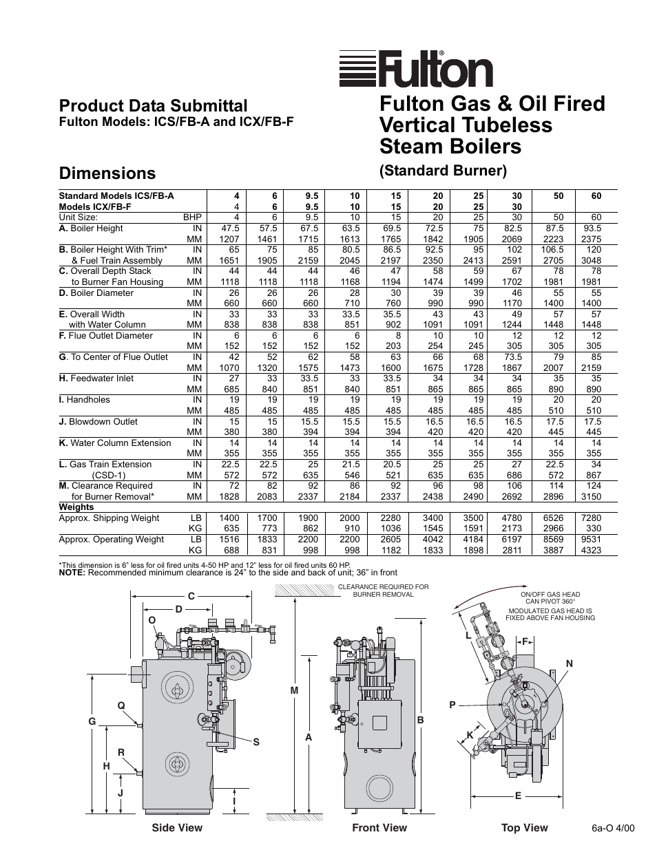 Dimensions, Product data submittal, Standard burner) | Fulton models: ics/fb-a and icx/fb-f | Fulton Classic ICX or FB-F Vertical Tubeless Boilers (Steam) Oil Fired User Manual | Page 13 / 76