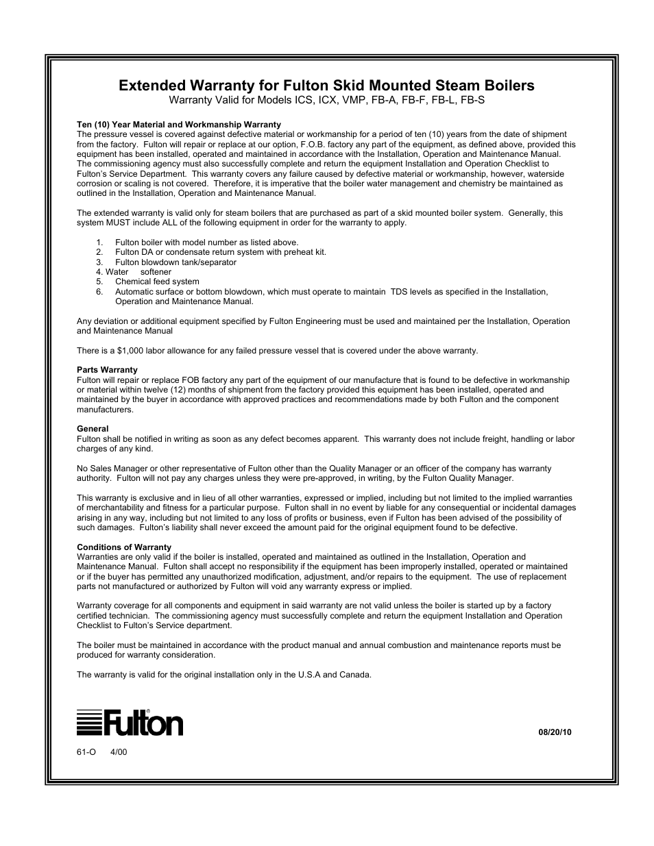 Fulton Classic ICX or FB-F Vertical Tubeless Boilers (Steam) Oil Fired User Manual | Page 73 / 76