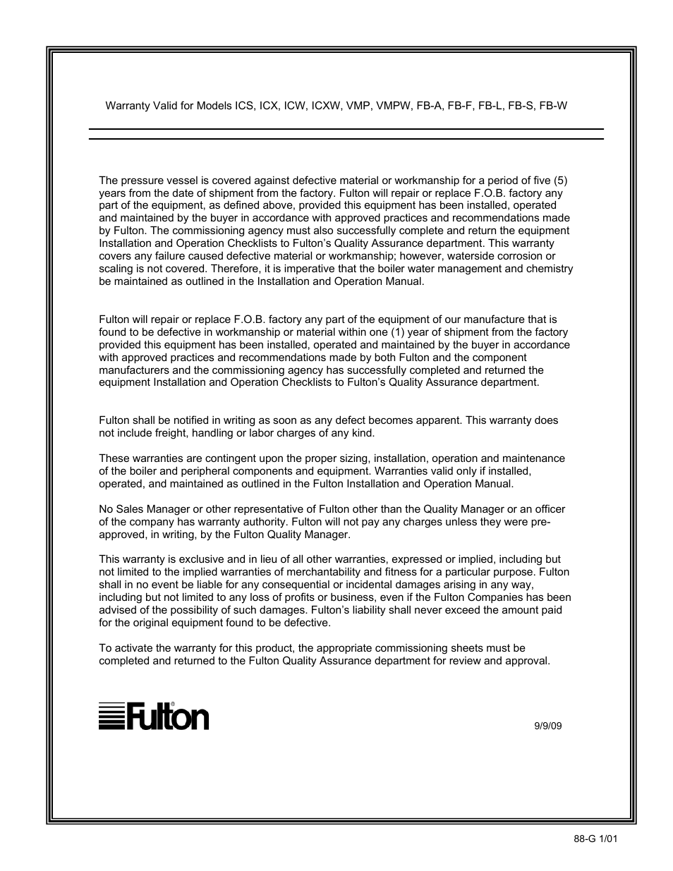 Standard warranty for fulton boilers | Fulton Edge ICX or FB-F Vertical Tubeless Boilers (Steam), Gas Fired User Manual | Page 97 / 102