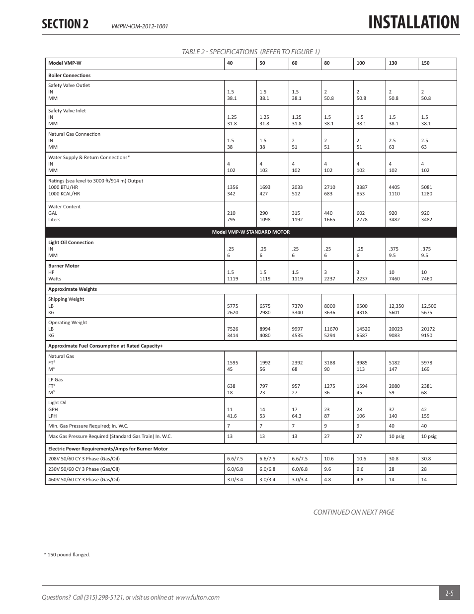 Installation, Table 2 - specifications (refer to figure 1), Continued on next page | Fulton VMP Hot Water (VMPW) User Manual | Page 11 / 52