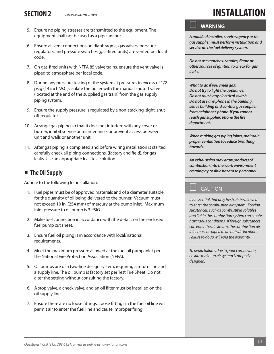 Installation, The oil supply | Fulton VMP Hot Water (VMPW) User Manual | Page 13 / 52