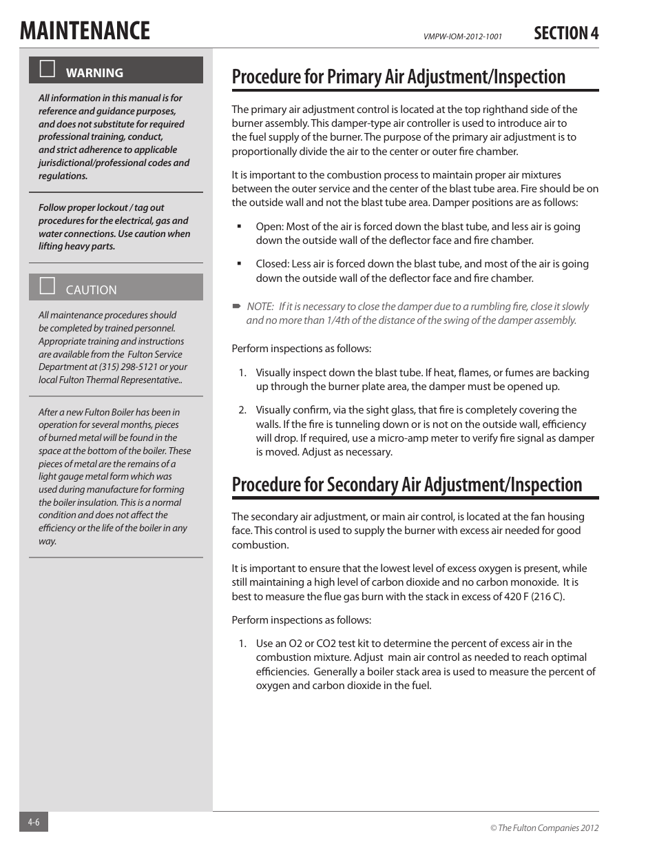 Maintenance, Procedure for primary air adjustment/inspection, Procedure for secondary air adjustment/inspection | Fulton VMP Hot Water (VMPW) User Manual | Page 36 / 52