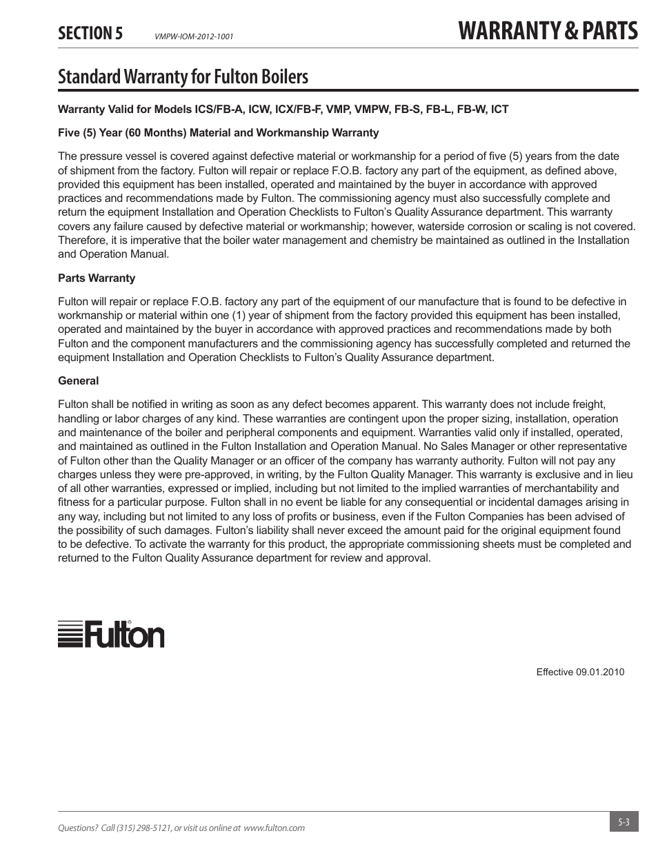 Warranty & parts, Standard warranty for fulton boilers | Fulton VMP Hot Water (VMPW) User Manual | Page 49 / 52