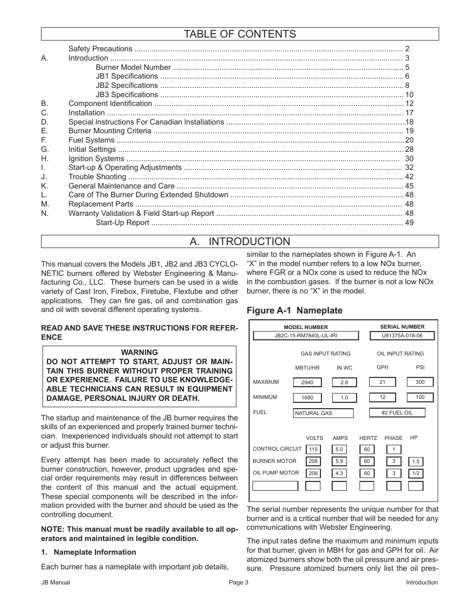 Table of contents a. introduction, Figure a-1 nameplate | Fulton VMP Webster Oil_Combo Burner User Manual | Page 3 / 52