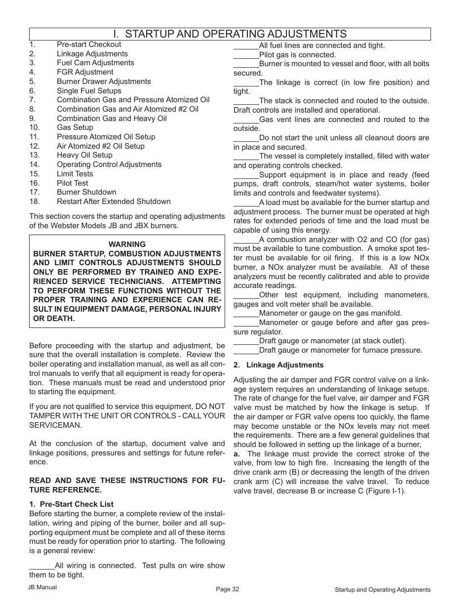 I. startup and operating adjustments | Fulton VMP Webster Oil_Combo Burner User Manual | Page 32 / 52