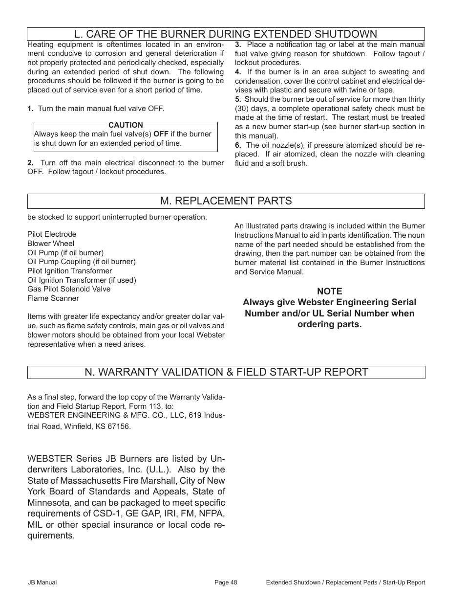 L. care of the burner during extended shutdown, M. replacement parts, N. warranty validation & field start-up report | Fulton VMP Webster Oil_Combo Burner User Manual | Page 48 / 52